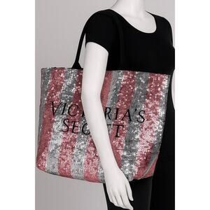 Victoria’s Secret Pink Silver Striped Sequin Tote Bag‎ Black Handles Glam